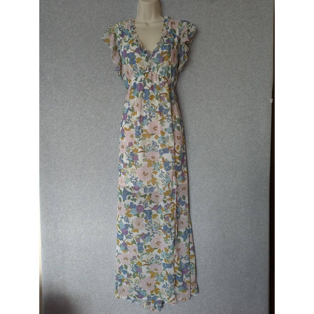 Pastel Floral Babydoll Maxi Dress Ruffle V Neck Milkmaid Cottage XL Soft Girl